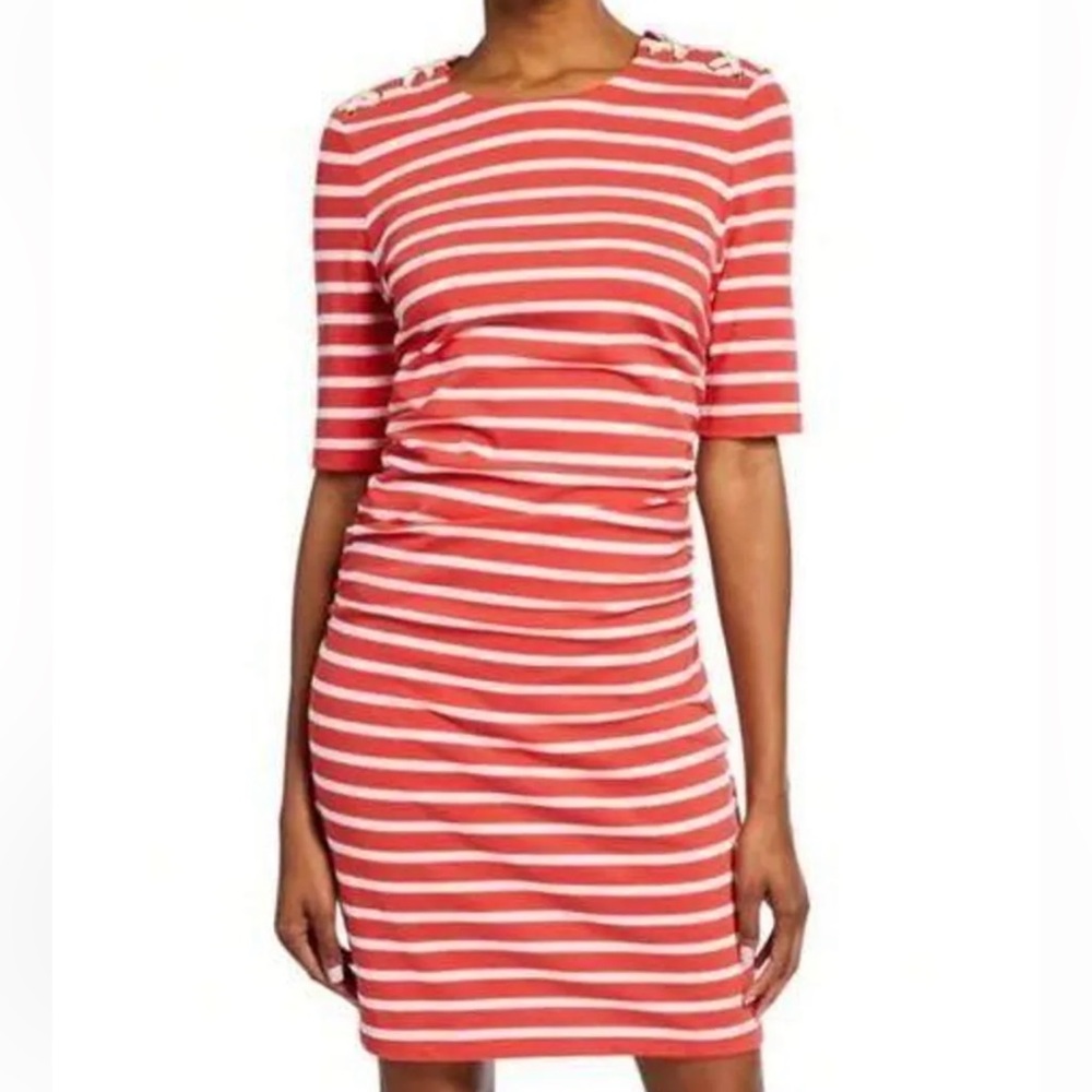 Veronica Beard Foley Ruched Red & White Striped Elbow Sleeve Mini Dress